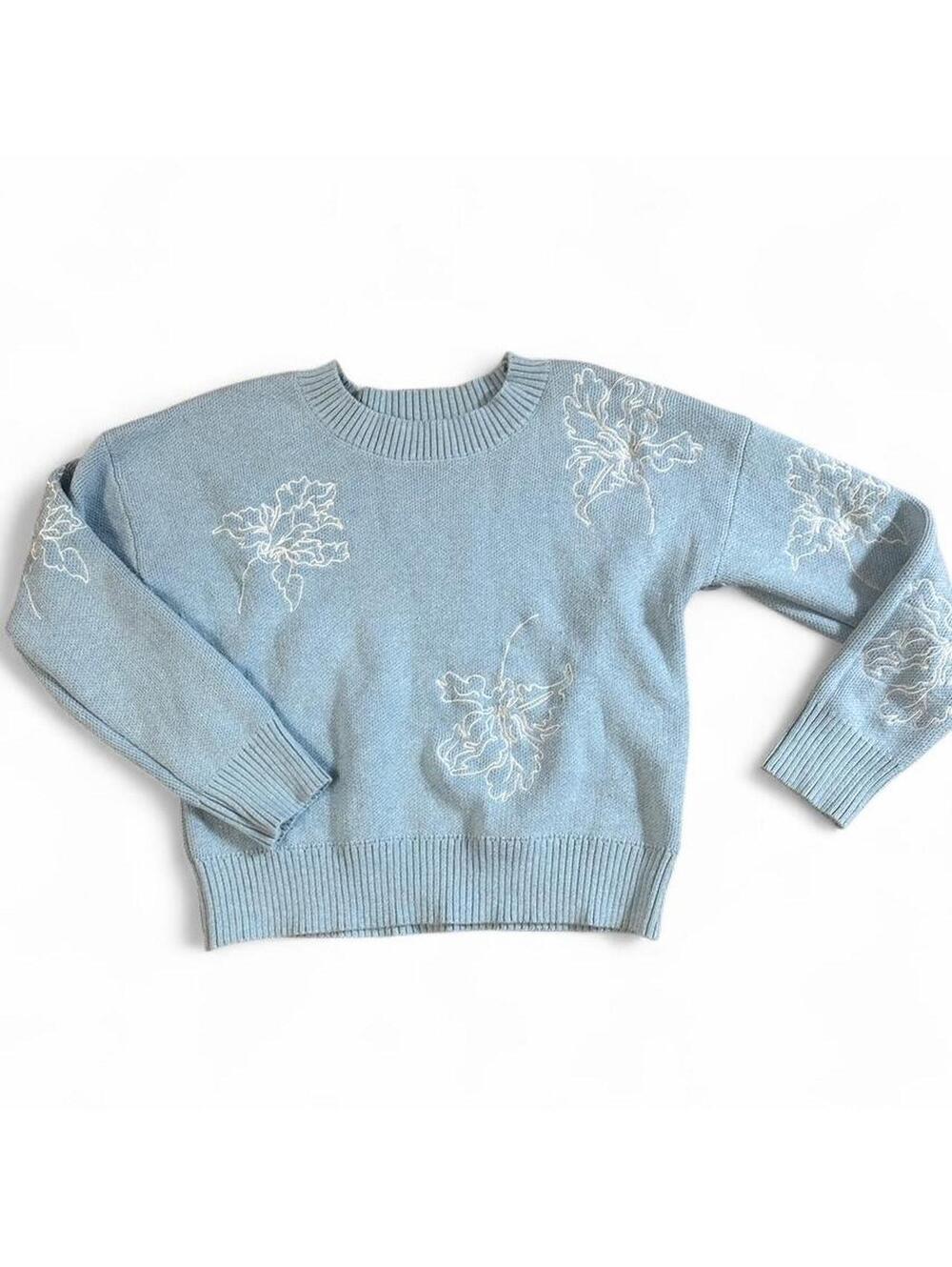 Floral Embroidered Light Blue Pullover Sweater Size Large